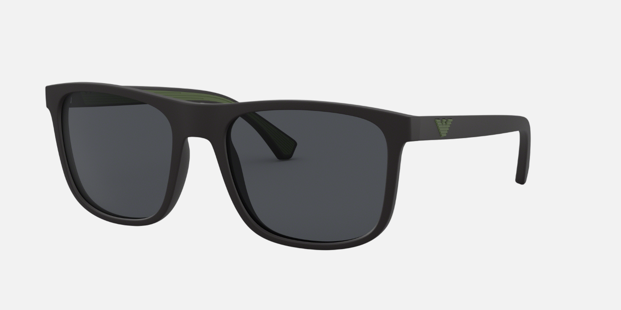 Emporio Armani EA 4129 504287 square sunglasses for men in full rim plastic, with matte black frame, and grey lenses. 56mm in lens size, 19mm in bridge size, and 142mm in temple length.