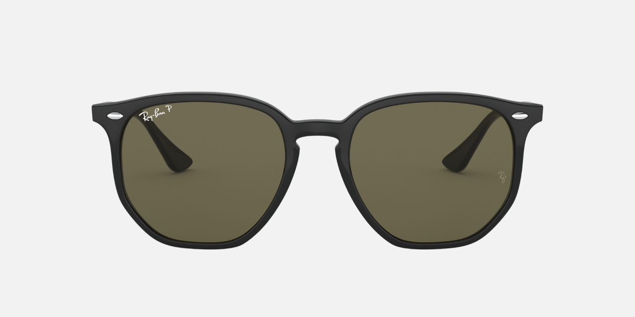 Ray-Ban RB4306 601/9A round sunglasses for unisex in full rim plastic, with black frame, and green lenses. 54mm in lens size, 19mm in bridge size, and 145mm in temple length.