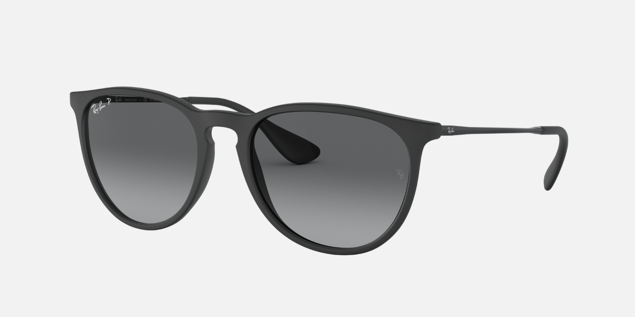 Ray-Ban Erika Color Mix RB4171 622/T3 women's full rim phantos sunglasses in a matte rubber black injected frame with grey polarized lenses. Features a 54 mm lens size, 18 mm bridge size, and 145 mm temple length. Available in Dubai, UAE.