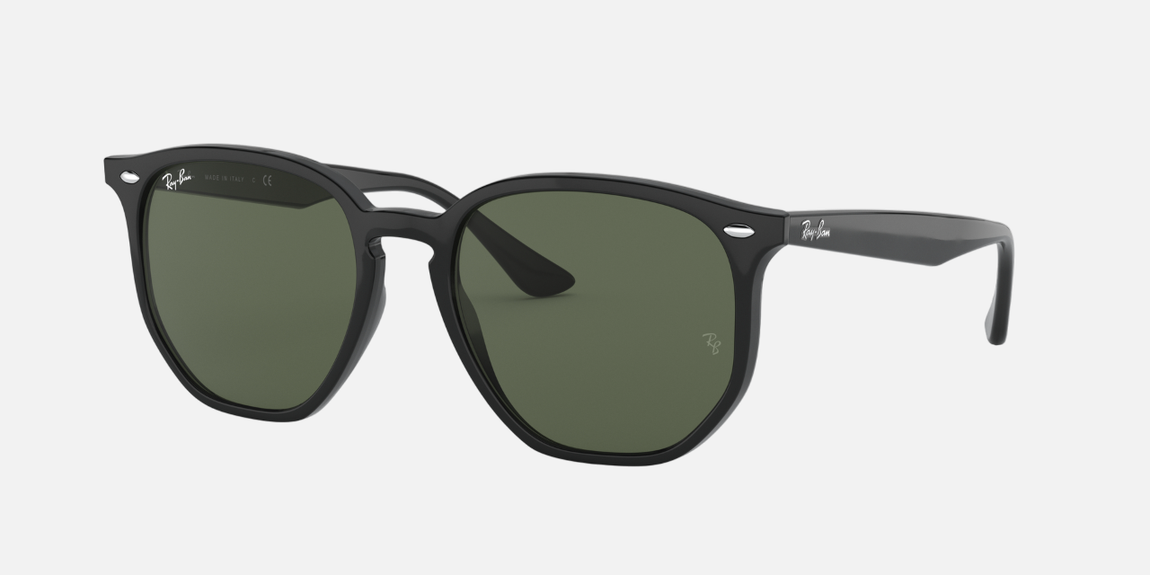 Ray-Ban RB4306 601/71 round sunglasses for unisex in full rim plastic, with black frame, and dark green lenses. 54mm in lens size, 19mm in bridge size, and 145mm in temple length.
