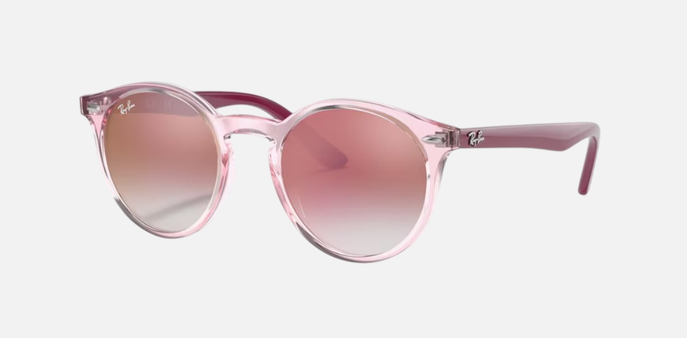 Ray-Ban Junior RJ9064S 7052V0 phantos sunglasses for kids in full rim injected, with polished transparent pink frame, and clear gradient red mirror red lenses. 44mm in lens size, 19mm in bridge size, and 130mm in temple length.