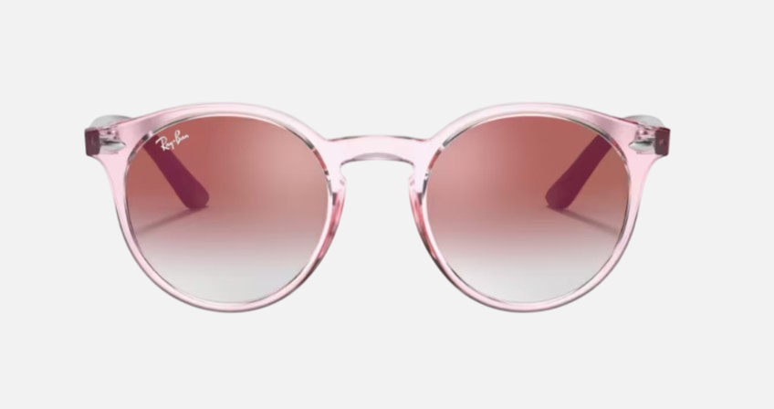 Ray-Ban Junior RJ9064S 7052V0 phantos sunglasses for kids in full rim injected, with polished transparent pink frame, and clear gradient red mirror red lenses. 44mm in lens size, 19mm in bridge size, and 130mm in temple length.