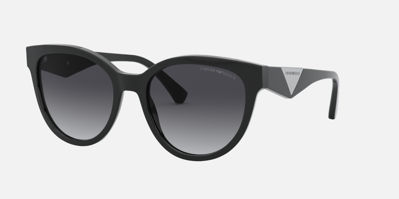 Emporio Armani EA 4140 50018G cat-eye sunglasses for women in full rim plastic, with black frame, and gradient grey lenses. 55mm in lens size, 19mm in bridge size, and 140mm in temple length.