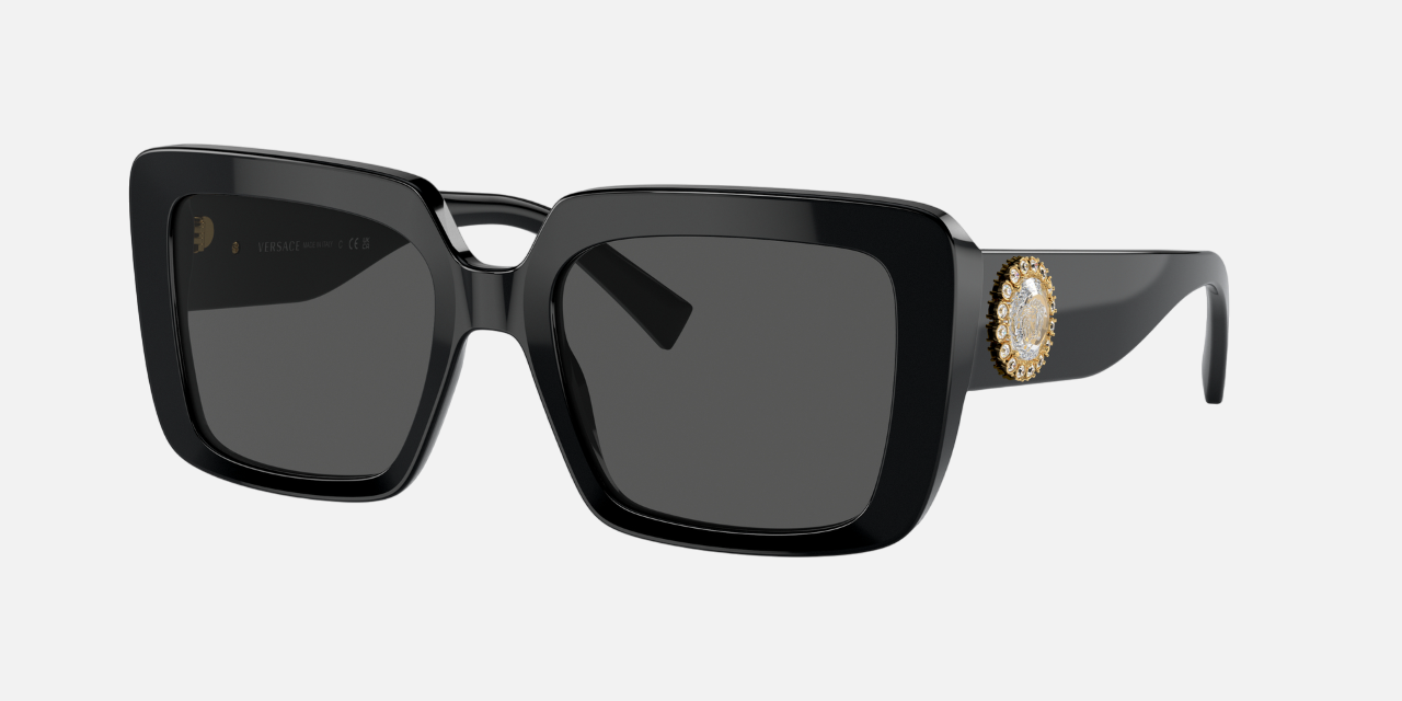 Versace VE4384B GB187 rectangular sunglasses for women in full rim plastic, with black frame, and grey lenses. 54mm in lens size, 19mm in bridge size, and 140mm in temple length.