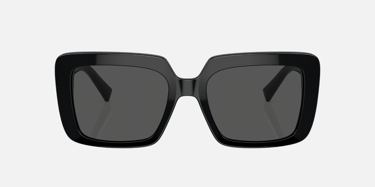 Versace VE4384B GB187 rectangular sunglasses for women in full rim plastic, with black frame, and grey lenses. 54mm in lens size, 19mm in bridge size, and 140mm in temple length.