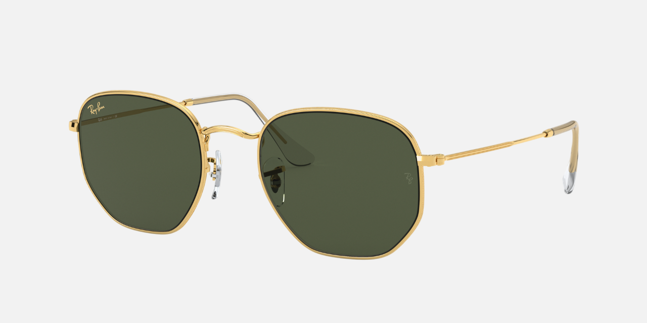 Ray-Ban Hexagonal RB3548 919631 hexagonal sunglasses for unisex in full rim metal, with gold frame, and green lenses. 51mm in lens size, 21mm in bridge size, and 145mm in temple length.
