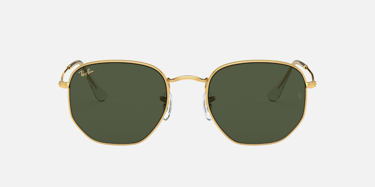 Ray-Ban Hexagonal RB3548 919631 hexagonal sunglasses for unisex in full rim metal, with gold frame, and green lenses. 51mm in lens size, 21mm in bridge size, and 145mm in temple length.