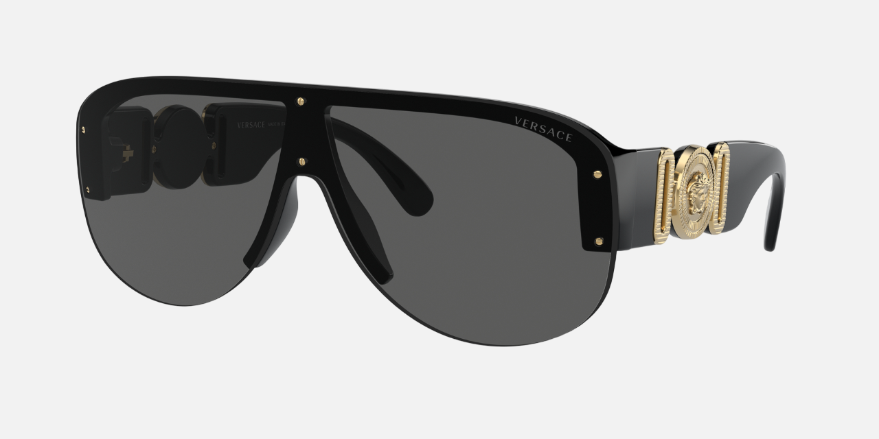 Versace VE4391 GB187 irregular sunglasses for men in semi-rimless plastic, with black frame, and dark grey lenses. 48mm in lens size, 16mm in bridge size, and 140mm in temple length.