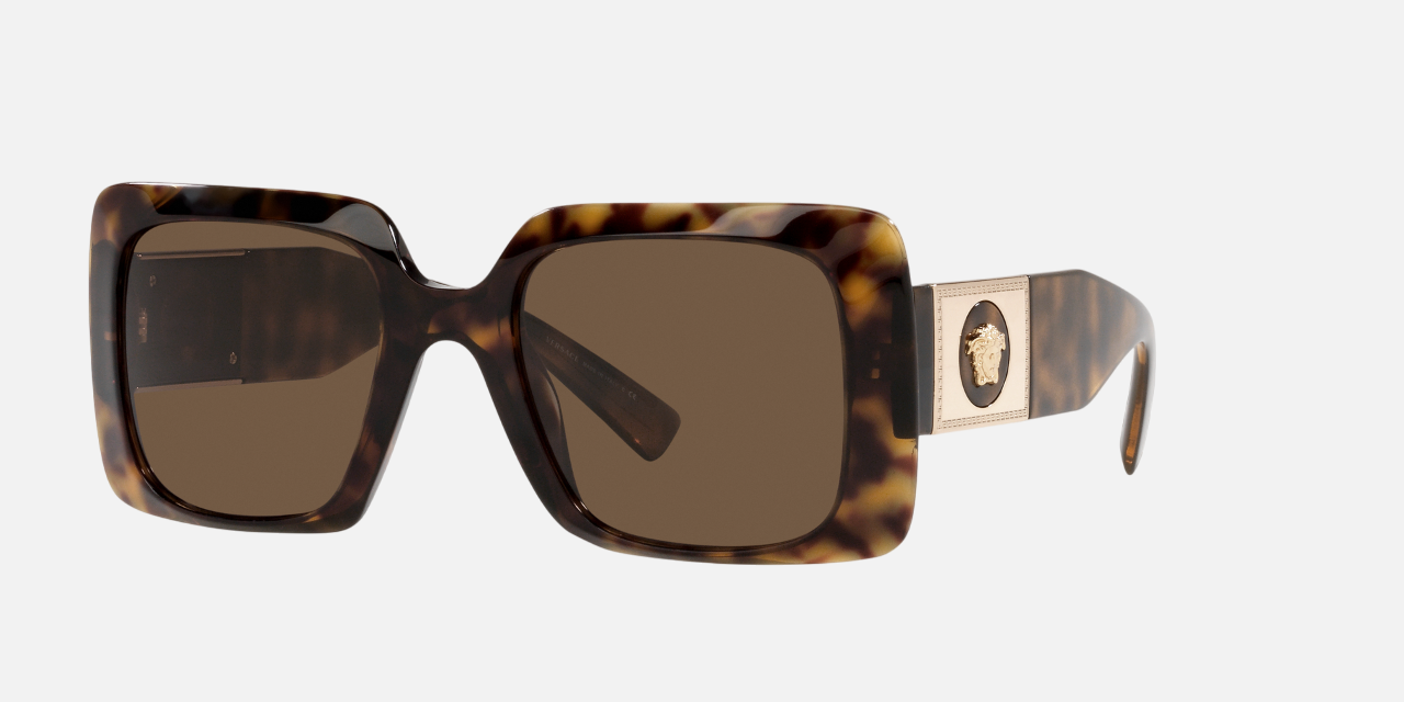 Versace VE4405 10873 rectangular sunglasses for women in full rim plastic, with havana frame, and dark brown lenses. 54mm in lens size, 22mm in bridge size, and 140mm in temple length.
