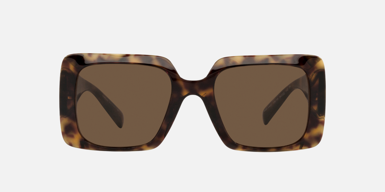 Versace VE4405 10873 rectangular sunglasses for women in full rim plastic, with havana frame, and dark brown lenses. 54mm in lens size, 22mm in bridge size, and 140mm in temple length.