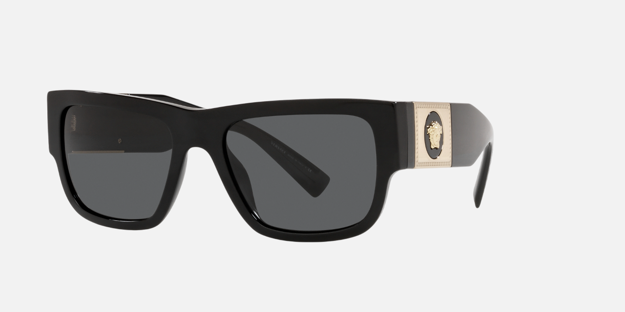 Versace VE4406 GB187 rectangular sunglasses for men in full rim plastic, with black frame, and dark grey lenses. 56mm in lens size, 19mm in bridge size, and 140mm in temple length.