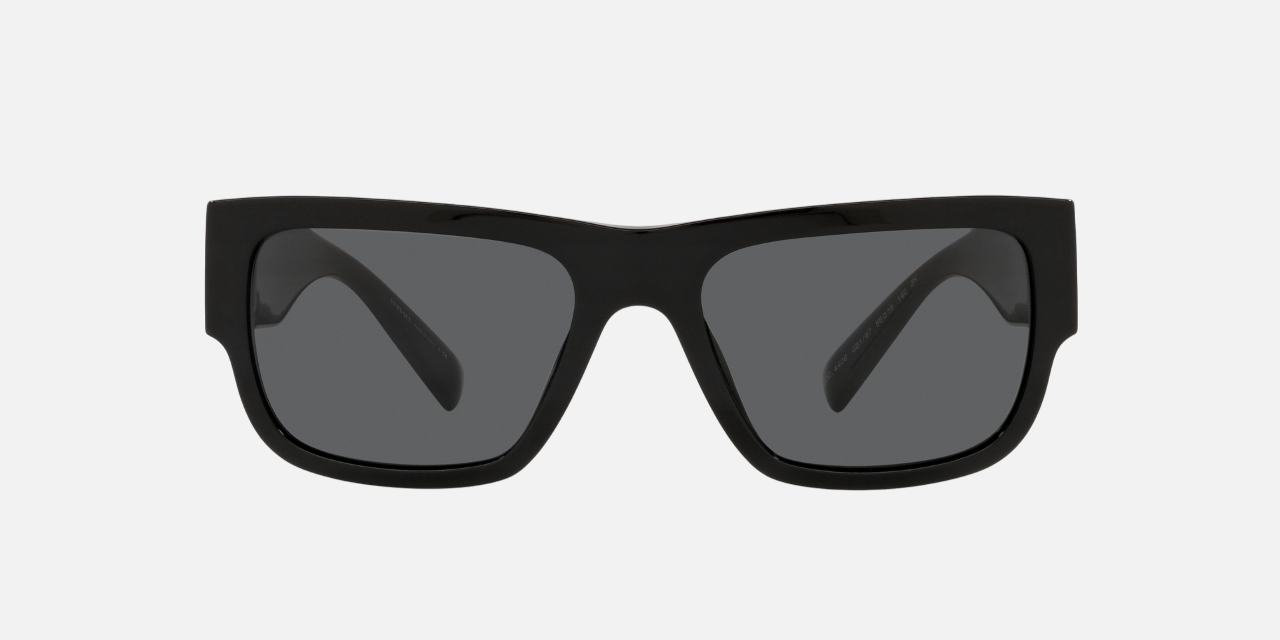 Versace VE4406 GB187 rectangular sunglasses for men in full rim plastic, with black frame, and dark grey lenses. 56mm in lens size, 19mm in bridge size, and 140mm in temple length.