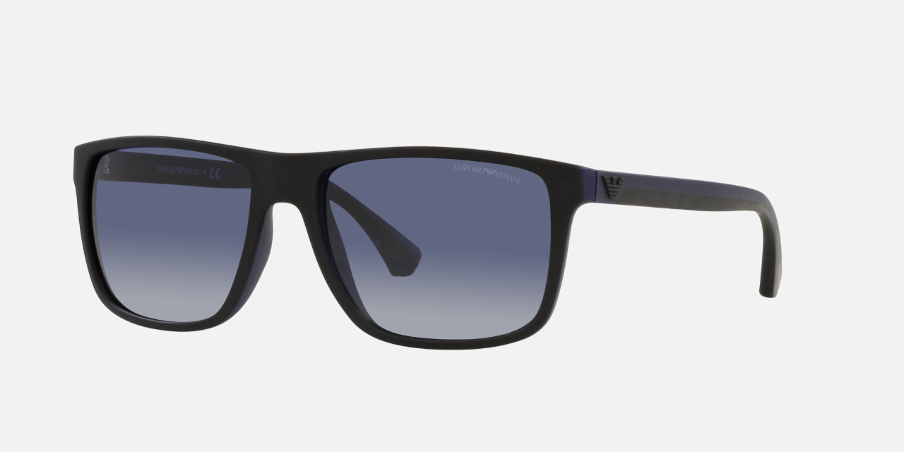 Emporio Armani black sunglasses with gradient lenses on a white background, side angle.