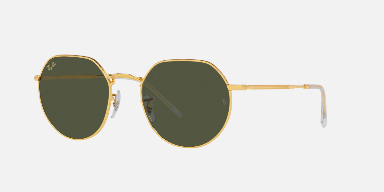 Ray-Ban Jack RB3565 919631 round sunglasses for unisex in full rim metal, with gold frame, and green lenses. 53mm in lens size, 20mm in bridge size, and 145mm in temple length.