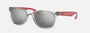 Ray-Ban Junior New Wayfarer Kids RJ9052S 70636G square sunglasses for kids in full rim injected, with transparent grey frame, and grey mirrored silver lenses. 47mm in lens size, 15mm in bridge size, and 125mm in temple length.