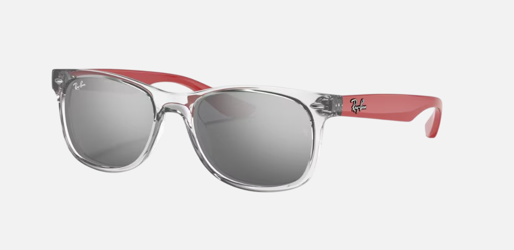 Ray-Ban Junior New Wayfarer Kids RJ9052S 70636G square sunglasses for kids in full rim injected, with transparent grey frame, and grey mirrored silver lenses. 47mm in lens size, 15mm in bridge size, and 125mm in temple length.