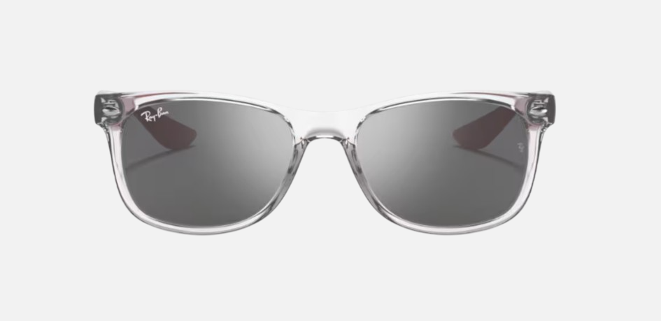 Ray-Ban Junior New Wayfarer Kids RJ9052S 70636G square sunglasses for kids in full rim injected, with transparent grey frame, and grey mirrored silver lenses. 47mm in lens size, 15mm in bridge size, and 125mm in temple length.