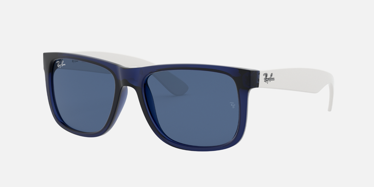 Ray-Ban Justin Color Mix RB4165 651180 square sunglasses for men in full rim plastic, with matte transparent blue frame, and dark blue lenses. 54mm in lens size, 16mm in bridge size, and 145mm in temple length.