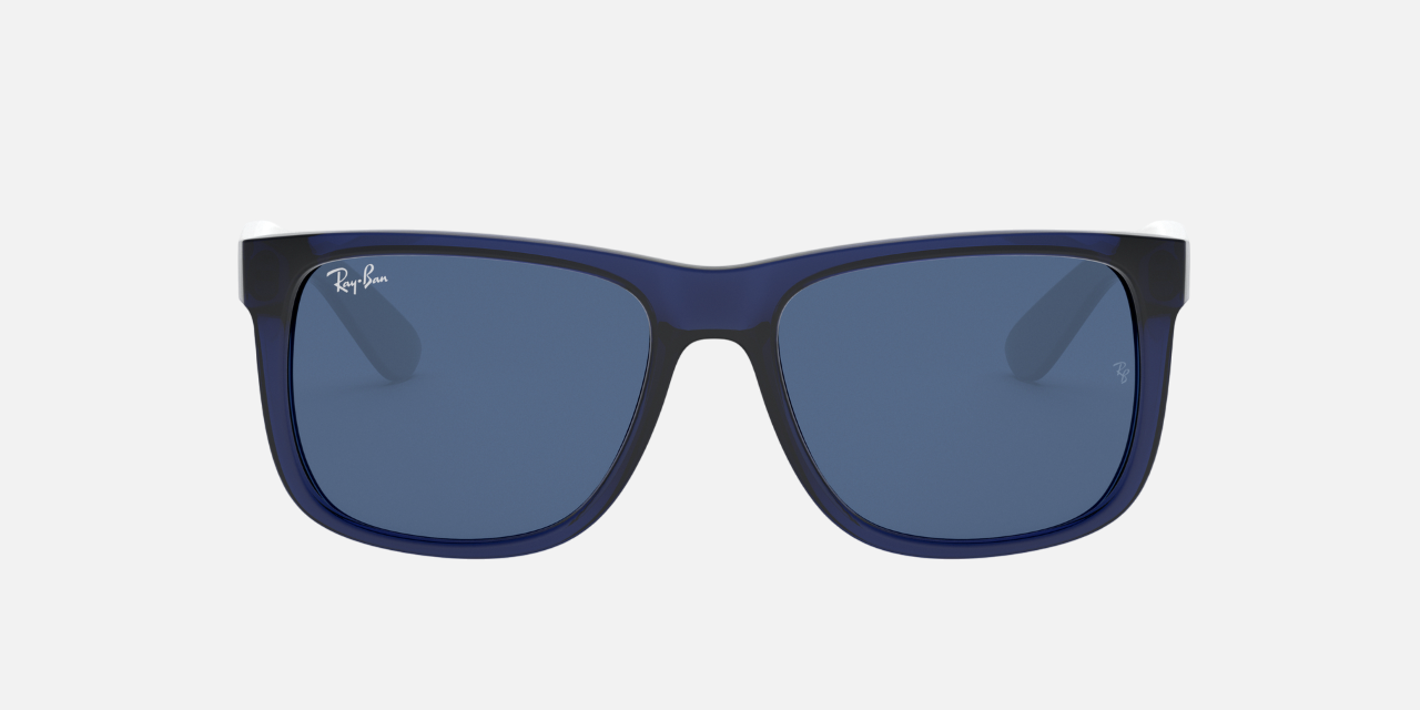 Ray-Ban Justin Color Mix RB4165 651180 square sunglasses for men in full rim plastic, with matte transparent blue frame, and dark blue lenses. 54mm in lens size, 16mm in bridge size, and 145mm in temple length.