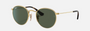 Ray-Ban Junior Round Kids RJ9547S 223/71 round sunglasses for kids in full rim metal, with polished arista gold frame, and dark green lenses. 44mm in lens size, 19mm in bridge size, and 130mm in temple length.