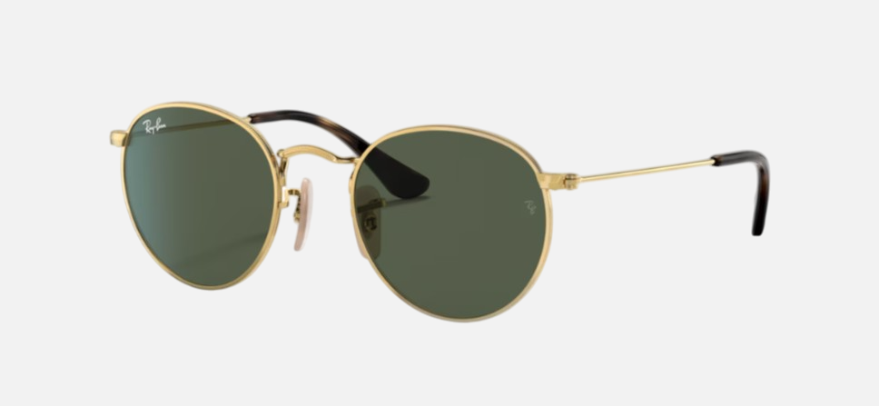 Ray-Ban Junior Round Kids RJ9547S 223/71 round sunglasses for kids in full rim metal, with polished arista gold frame, and dark green lenses. 44mm in lens size, 19mm in bridge size, and 130mm in temple length.