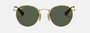 Ray-Ban Junior Round Kids RJ9547S 223/71 round sunglasses for kids in full rim metal, with polished arista gold frame, and dark green lenses. 44mm in lens size, 19mm in bridge size, and 130mm in temple length.