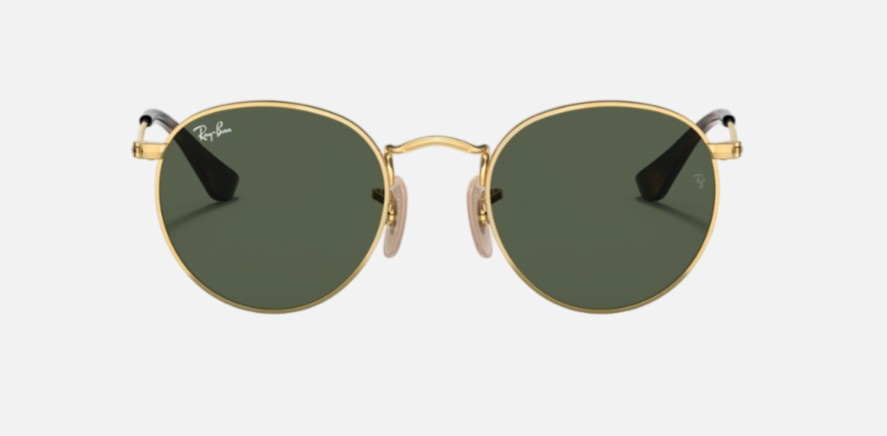 Ray-Ban Junior Round Kids RJ9547S 223/71 round sunglasses for kids in full rim metal, with polished arista gold frame, and dark green lenses. 44mm in lens size, 19mm in bridge size, and 130mm in temple length.
