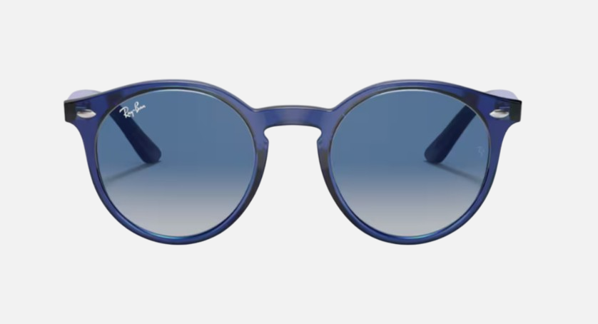Ray-Ban Junior RJ9064S 70624L phantos sunglasses for kids in full rim injected, with polished transparent blue frame, and light grey gradient dark blue
  lenses. 44mm in lens size, 19mm in bridge size, and 130mm in temple length.