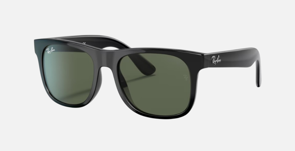 Ray-Ban Junior Justin Kids RJ9069S 100/71 square sunglasses for kids in full rim injected, with polished black
  frame, and dark green lenses. 48mm in lens size, 16mm in bridge size, and 130mm in temple length.