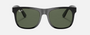 Ray-Ban Junior Justin Kids RJ9069S 100/71 square sunglasses for kids in full rim injected, with polished black
  frame, and dark green lenses. 48mm in lens size, 16mm in bridge size, and 130mm in temple length.