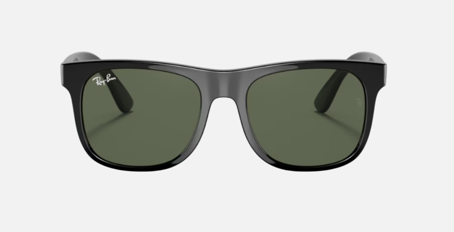 Ray-Ban Junior Justin Kids RJ9069S 100/71 square sunglasses for kids in full rim injected, with polished black
  frame, and dark green lenses. 48mm in lens size, 16mm in bridge size, and 130mm in temple length.