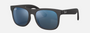 Ray-Ban Junior Justin Kids RJ9069S 702855 square sunglasses for kids in full rim injected, with matte rubber black frame, and blue mirror lenses. 48mm in lens size, 16mm in bridge size, and 130mm in temple length.
