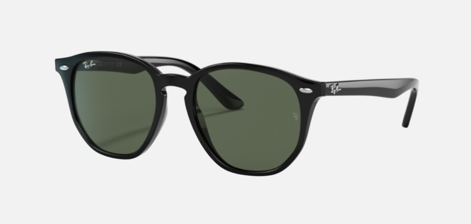 Ray-Ban Junior RJ9070S 100/71 irregular sunglasses for kids in full rim injected, with polished black frame, and dark green lenses. 46mm in lens size, 16mm in bridge size, and 130mm in temple length.