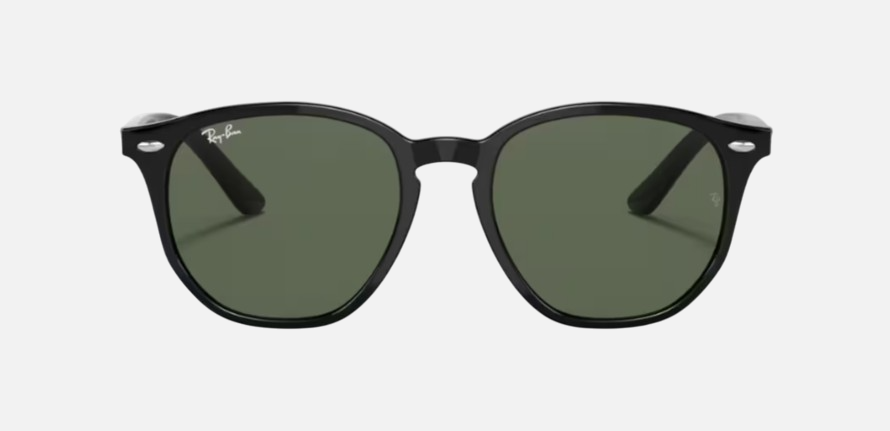 Ray-Ban Junior RJ9070S 100/71 irregular sunglasses for kids in full rim injected, with polished black frame, and dark green lenses. 46mm in lens size, 16mm in bridge size, and 130mm in temple length.