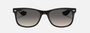 Ray-Ban Junior New Wayfarer Kids RJ9052S 100/11 square sunglasses for kids in full rim injected, with polished black frame, and light/dark grey lenses. 47mm in lens size, 15mm in bridge size, and 125mm in temple length.