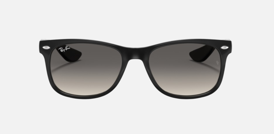 Ray-Ban Junior New Wayfarer Kids RJ9052S 100/11 square sunglasses for kids in full rim injected, with polished black frame, and light/dark grey lenses. 47mm in lens size, 15mm in bridge size, and 125mm in temple length.