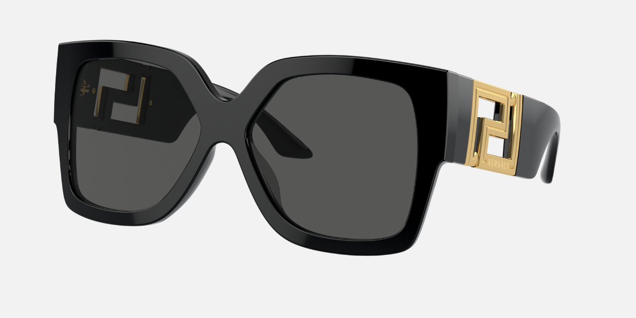 Versace VE4402 GB187 rectangular sunglasses for women in full rim plastic, with black frame, and dark grey lenses. 59mm in lens size, 16mm in bridge size, and 140mm in temple length.