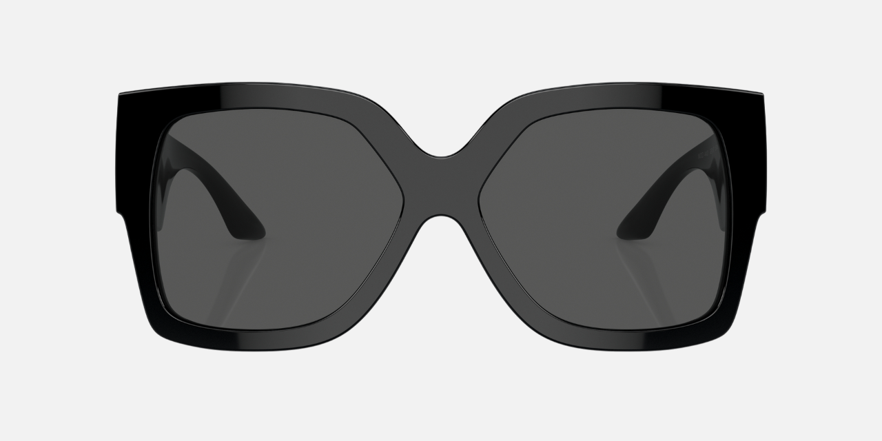 Versace VE4402 GB187 rectangular sunglasses for women in full rim plastic, with black frame, and dark grey lenses. 59mm in lens size, 16mm in bridge size, and 140mm in temple length.