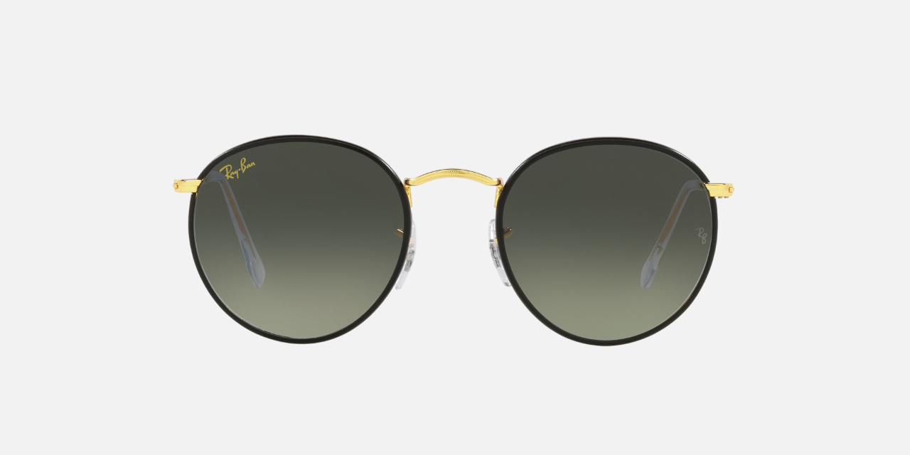 Ray-Ban Round Metal Full Color Legend RB3447JM RB3447JM 919671 round sunglasses for unisex in full rim metal, with black on gold frame, and grey gradient lenses. 50mm in lens size, 21mm in bridge size, and 145mm in temple length.