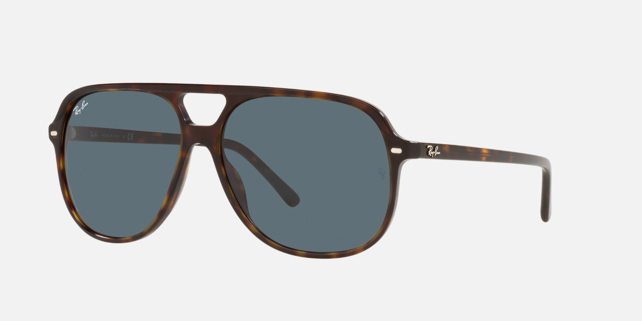 Ray-Ban Bill RB2198 902/R5 square sunglasses for unisex in full rim plastic, with havana frame, and blue lenses. 56mm in lens size, 14mm in bridge size, and 145mm in temple length.