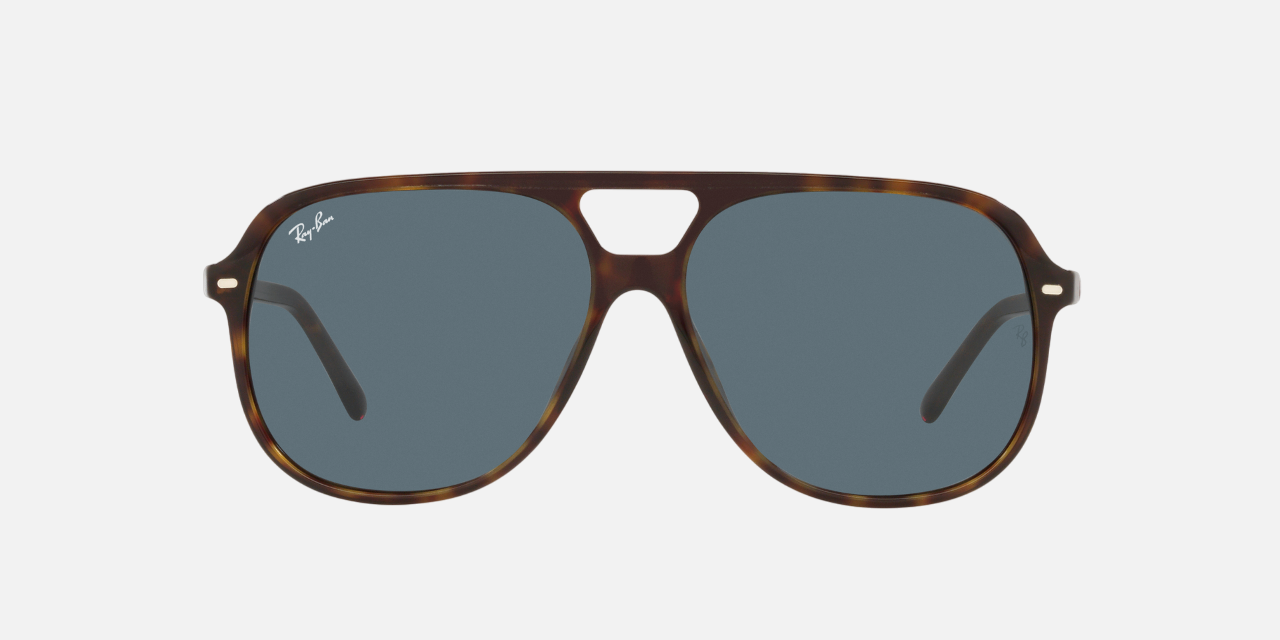 Ray-Ban Bill RB2198 902/R5 square sunglasses for unisex in full rim plastic, with havana frame, and blue lenses. 56mm in lens size, 14mm in bridge size, and 145mm in temple length.