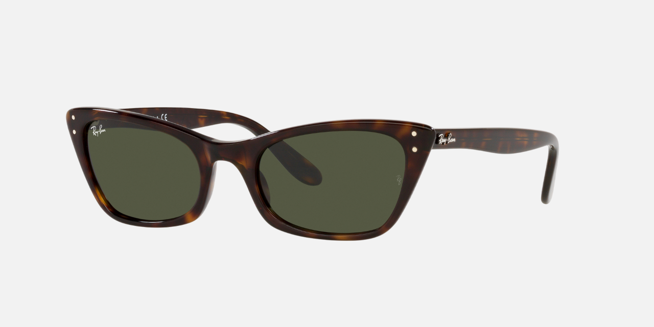 Ray-Ban Lady Burbank RB2299 902/31 cat eye sunglasses for women in full rim acetate, with polished havana frame, and green lenses. 52mm in lens size, 20mm in bridge size, and 140mm in temple length.