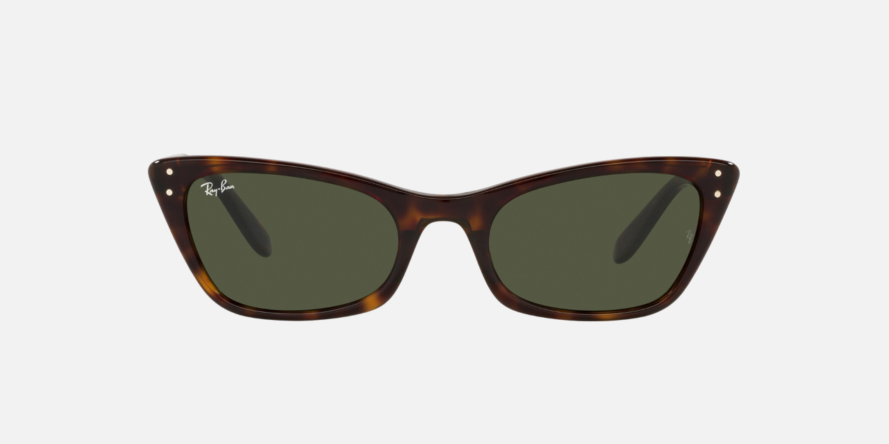 Ray-Ban Lady Burbank RB2299 902/31 cat eye sunglasses for women in full rim acetate, with polished havana frame, and green lenses. 52mm in lens size, 20mm in bridge size, and 140mm in temple length.