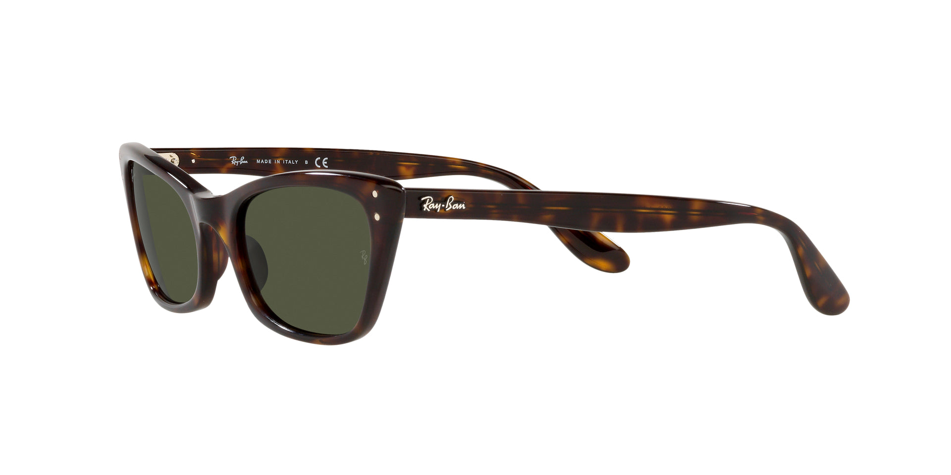 Ray-Ban Lady Burbank RB2299 902/31 cat eye sunglasses for women in full rim acetate, with polished havana frame, and green lenses. 52mm in lens size, 20mm in bridge size, and 140mm in temple length.