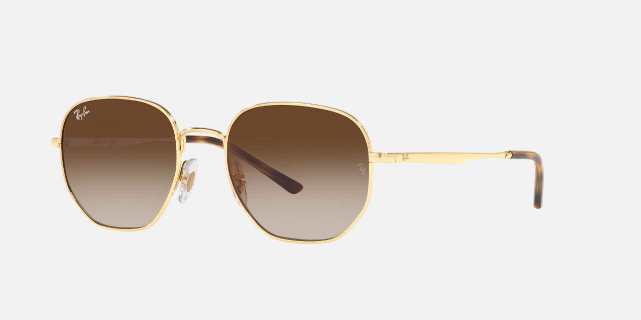 Ray-Ban RB3682 001/13 hexagonal sunglasses for unisex in full rim metal, with gold frame, and brown gradient lenses. 51mm in lens size, 19mm in bridge size, and 145mm in temple length.