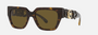 Versace VE4409 10873 square sunglasses for women in full rim plastic, with havana frame, and dark brown lenses. 53mm in lens size, 19mm in bridge size, and 140mm in temple length.