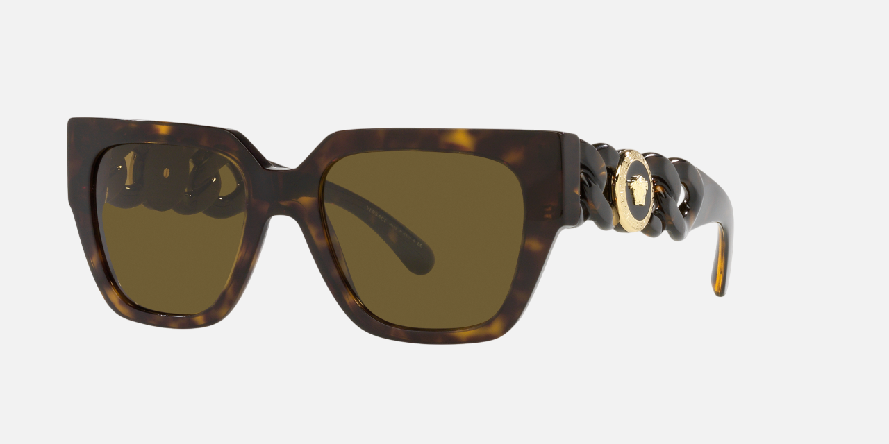 Versace VE4409 10873 square sunglasses for women in full rim plastic, with havana frame, and dark brown lenses. 53mm in lens size, 19mm in bridge size, and 140mm in temple length.