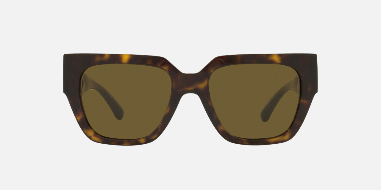 Versace VE4409 10873 square sunglasses for women in full rim plastic, with havana frame, and dark brown lenses. 53mm in lens size, 19mm in bridge size, and 140mm in temple length.