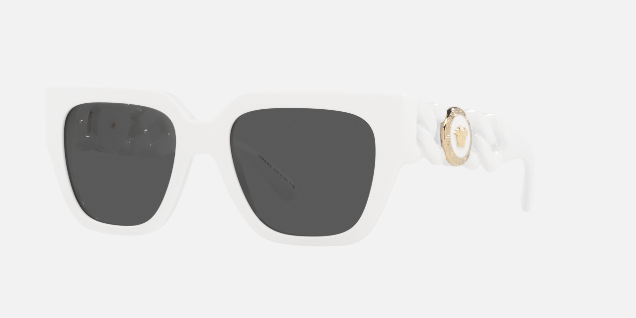 Versace VE4409 31487 square sunglasses for women in full rim plastic, with white frame, and dark grey lenses. 53mm in lens size, 19mm in bridge size, and 140mm in temple length.