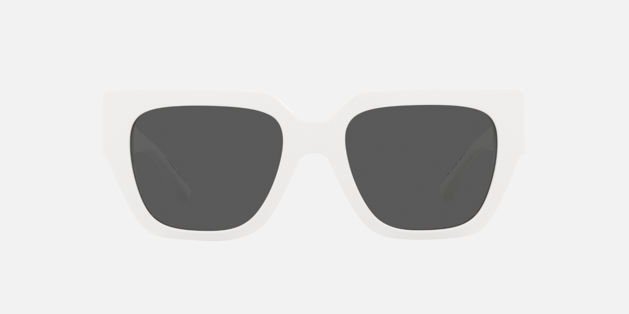 Versace VE4409 31487 square sunglasses for women in full rim plastic, with white frame, and dark grey lenses. 53mm in lens size, 19mm in bridge size, and 140mm in temple length.